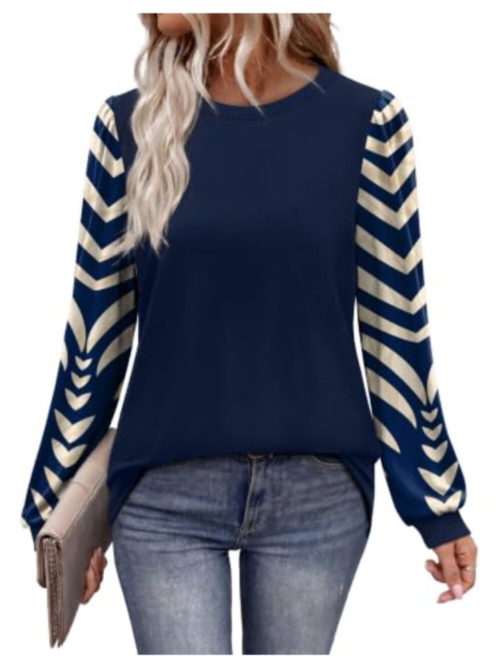 Womens Long Sleeve Printed Crewneck Tunic Top Casual Fall Layering